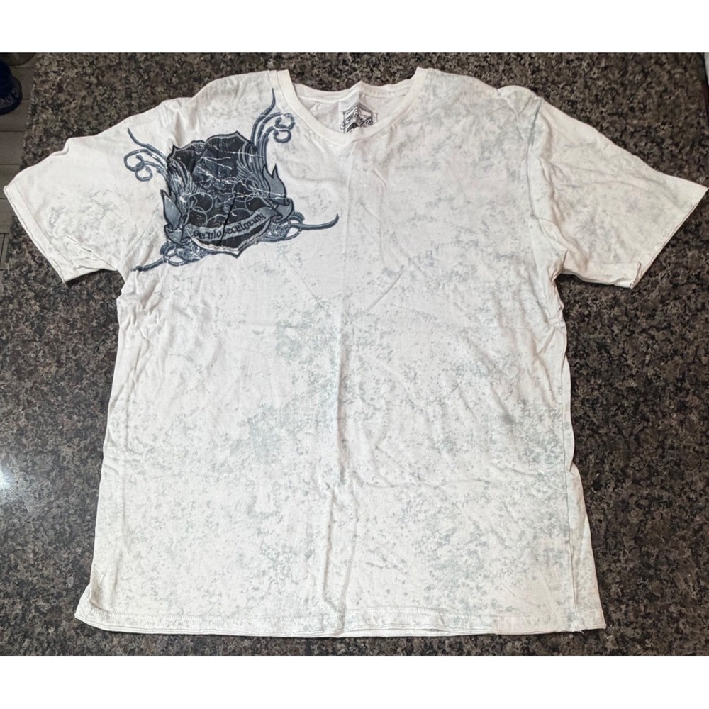 Retrofit Mens XXL White Acid Wash Gothic Crest V-Neck Graphic T-Shirt Y2K MMA